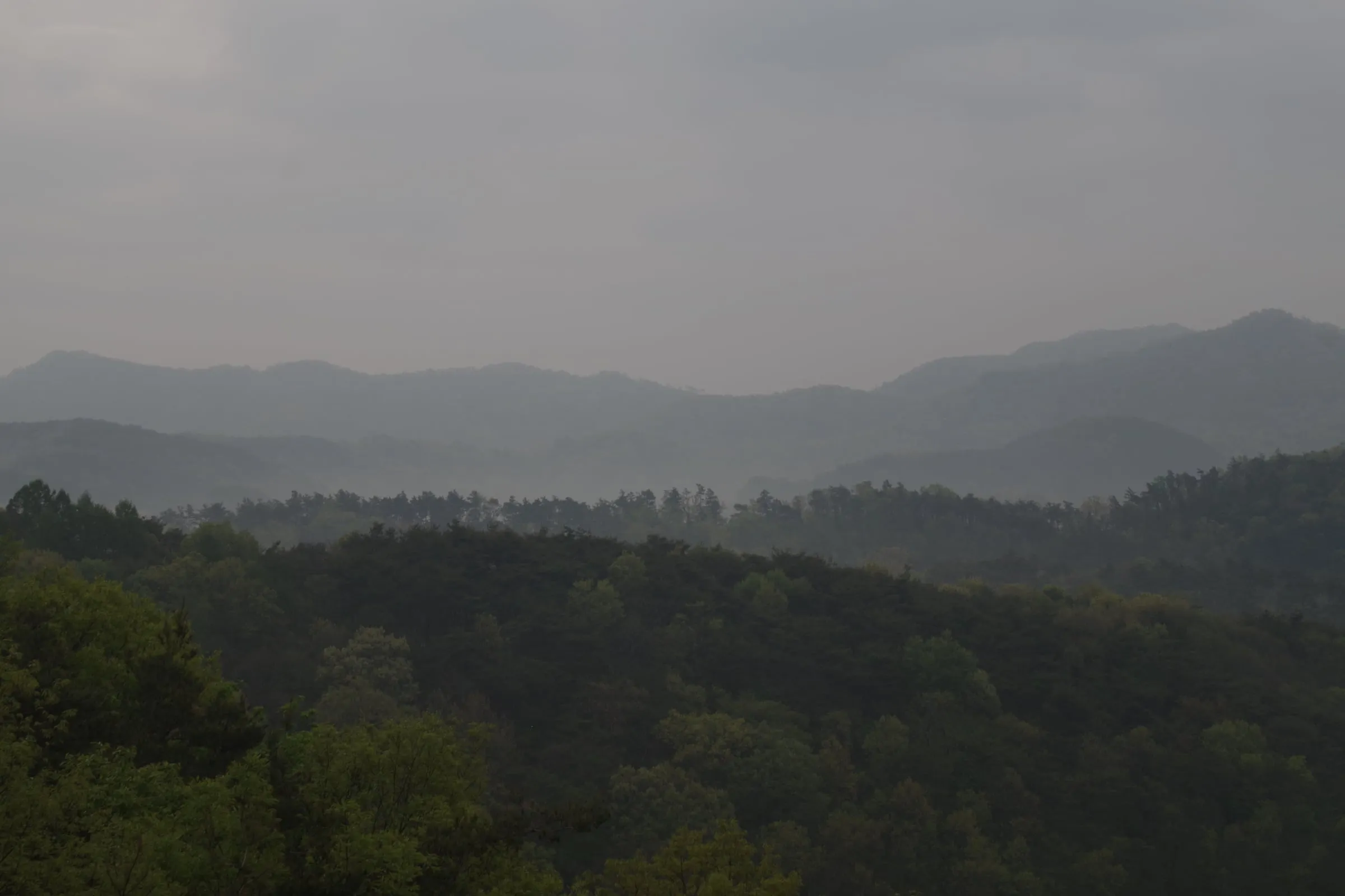 흐린 아침의 겹겹 산 능선